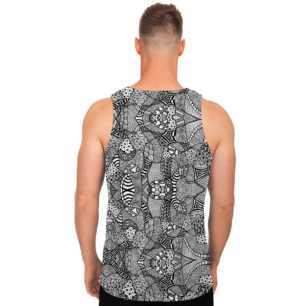 Black And White Zentangle Pattern Print Men's Tank Top