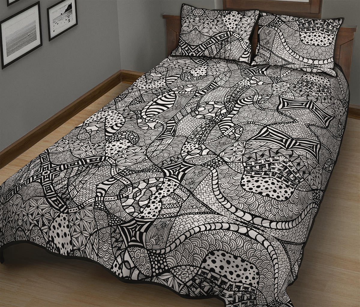 Black And White Zentangle Pattern Print Quilt Bed Set