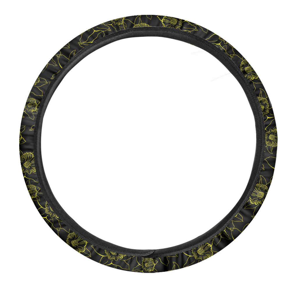 Black And Yellow Daffodil Pattern Print Car Steering Wheel Cover