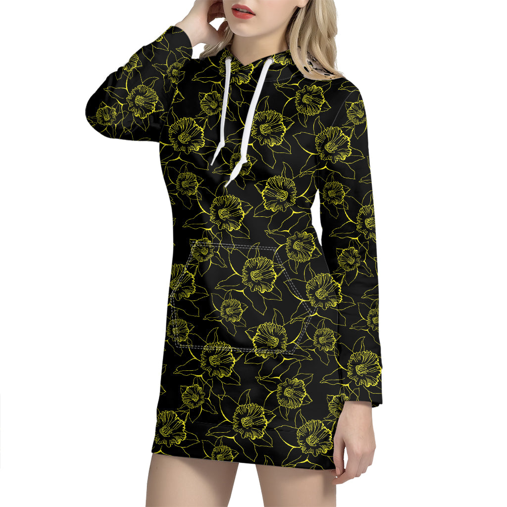 Black And Yellow Daffodil Pattern Print Hoodie Dress