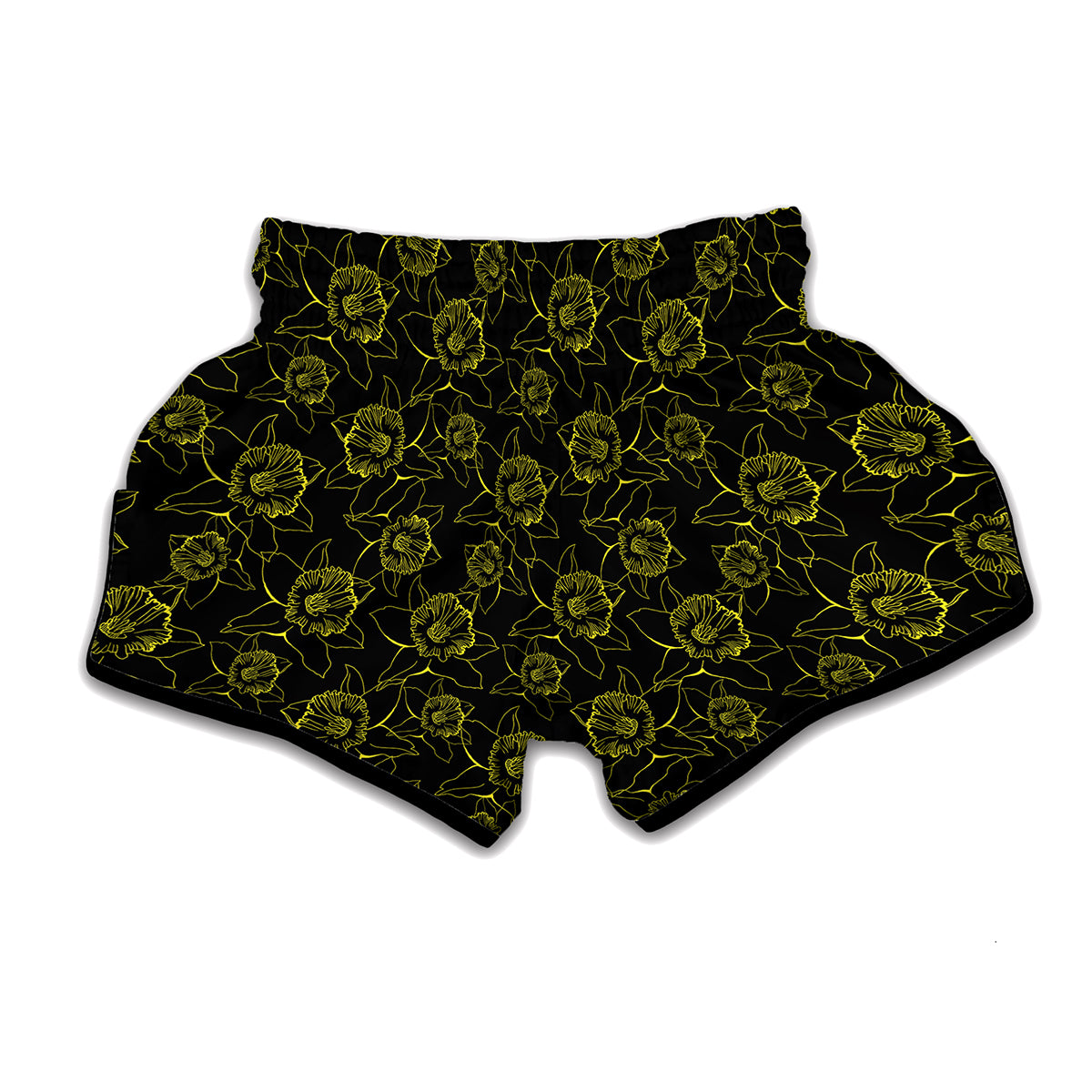 Black And Yellow Daffodil Pattern Print Muay Thai Boxing Shorts