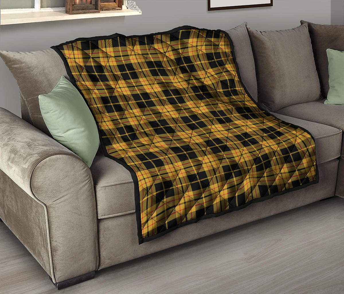 Black And Yellow Tartan Pattern Print Quilt