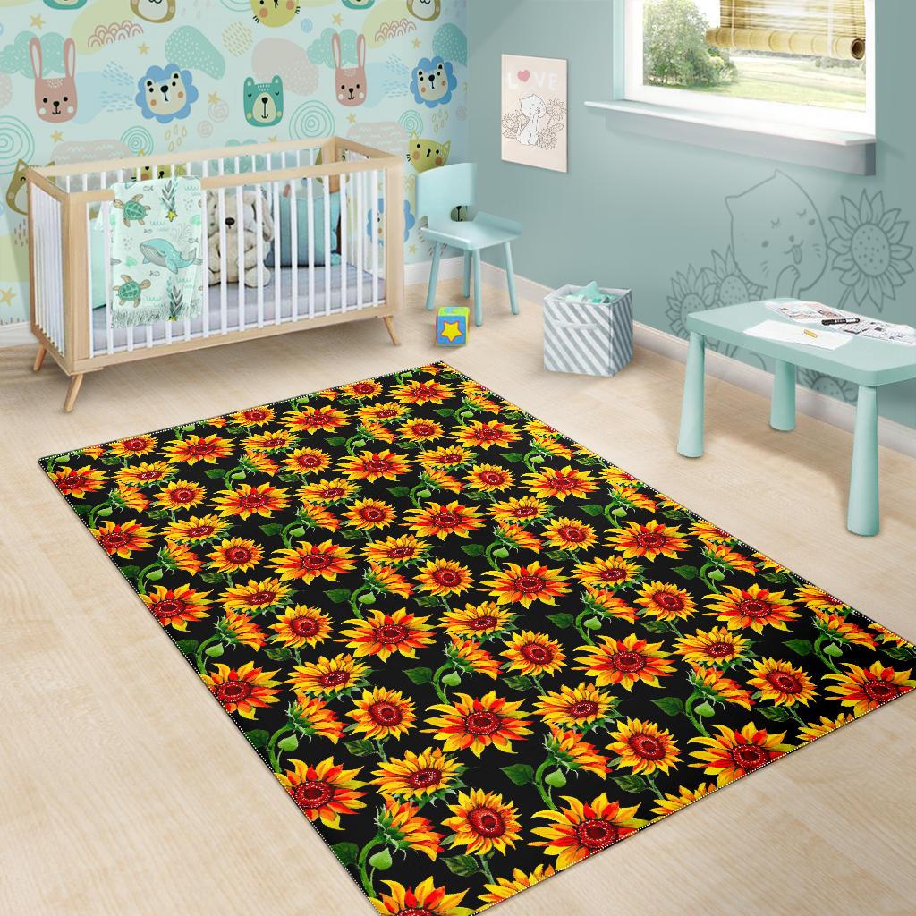 Black Autumn Sunflower Pattern Print Area Rug GearFrost