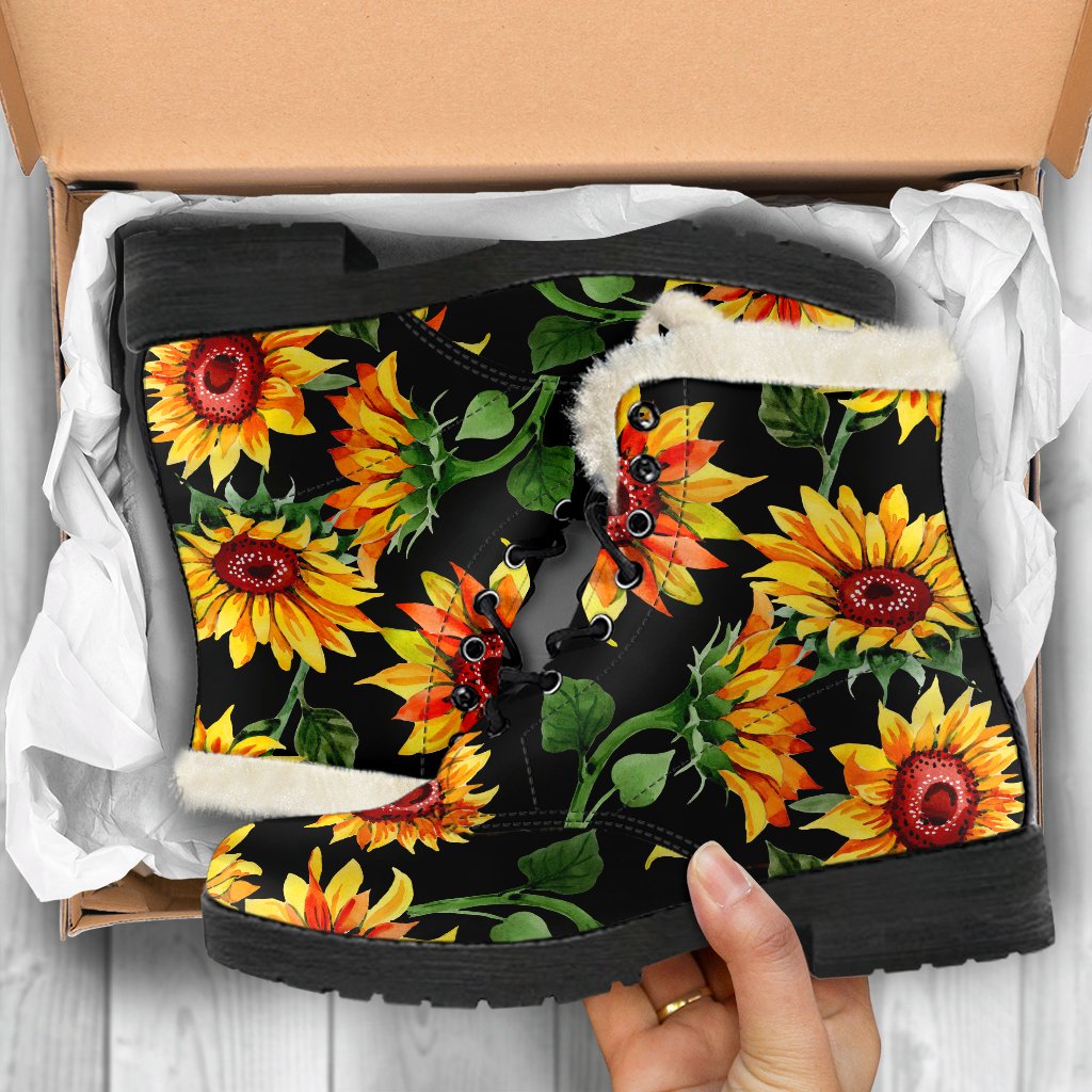Black Autumn Sunflower Pattern Print Comfy Boots GearFrost