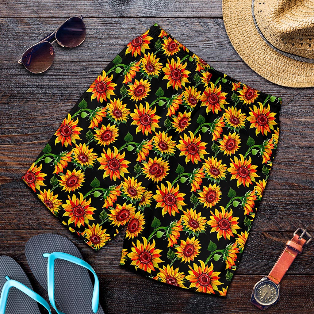Black Autumn Sunflower Pattern Print Men's Shorts