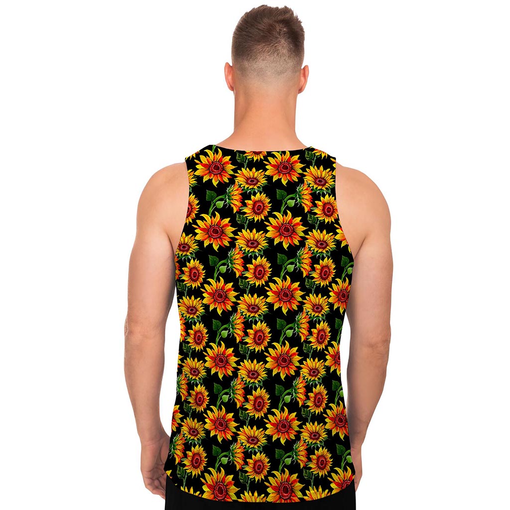 Black Autumn Sunflower Pattern Print Men's Tank Top