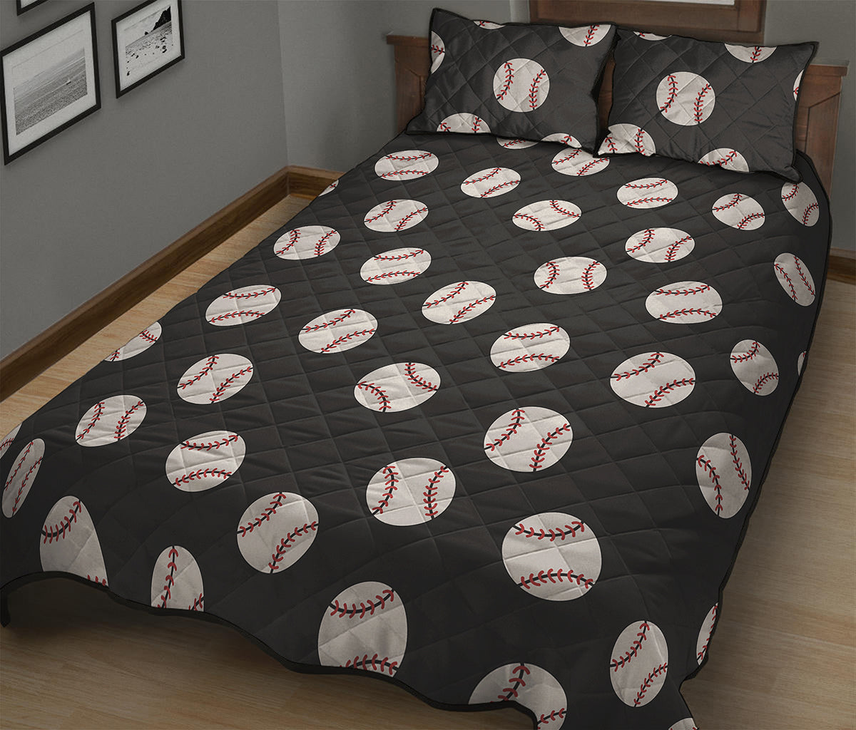 Black Baseball Pattern Print Quilt Bed Set