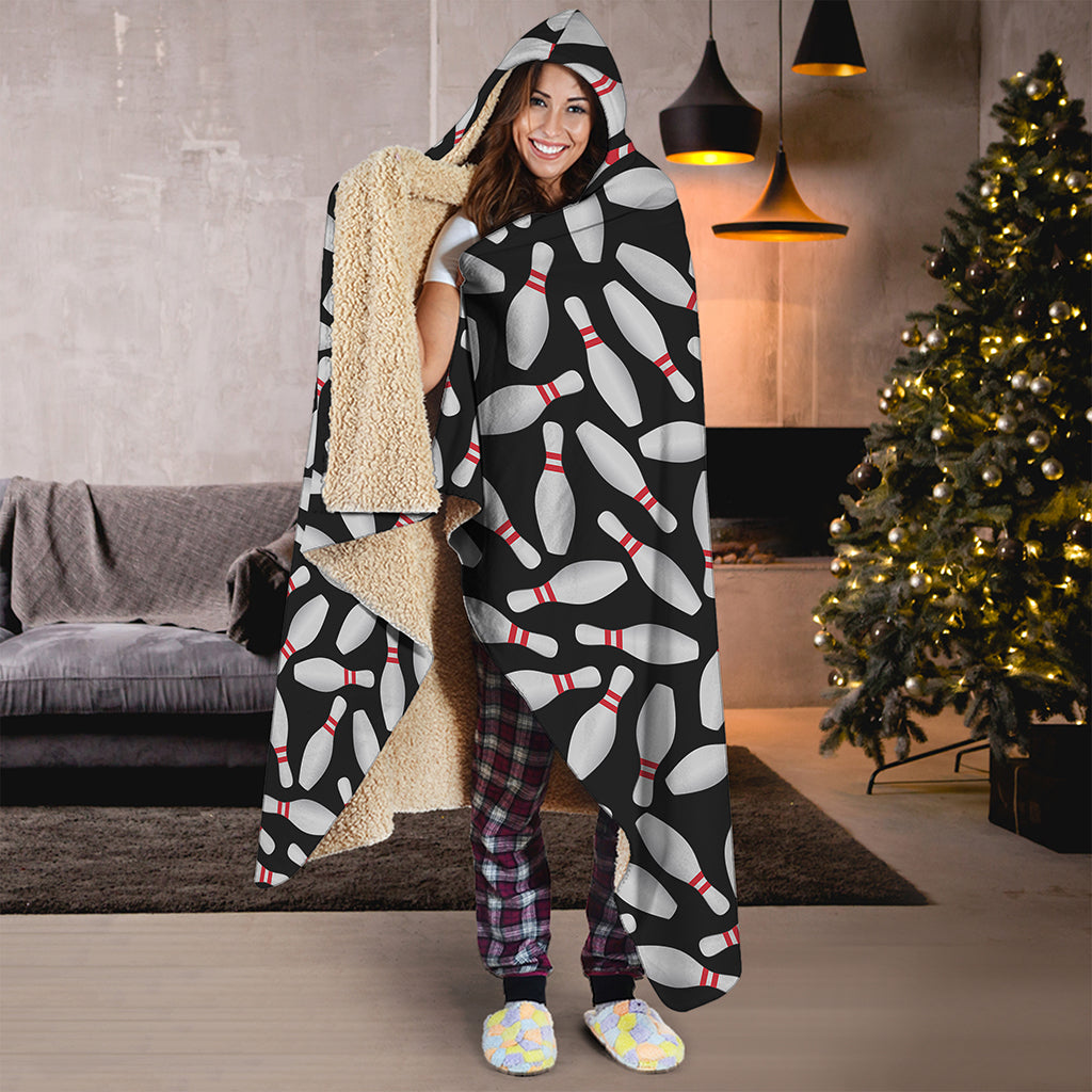 Black Bowling Pins Pattern Print Hooded Blanket
