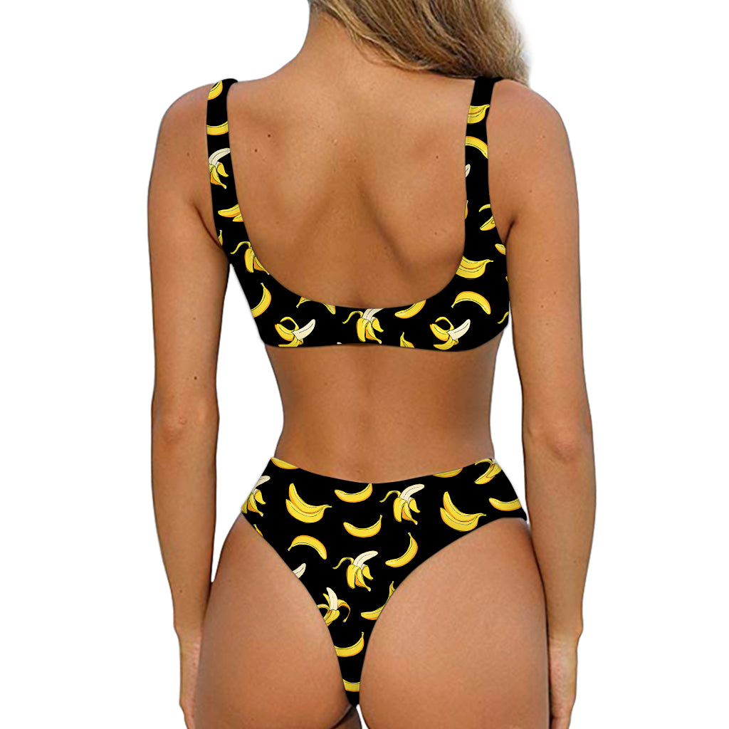 Black Cartoon Banana Pattern Print Front Bow Tie Bikini