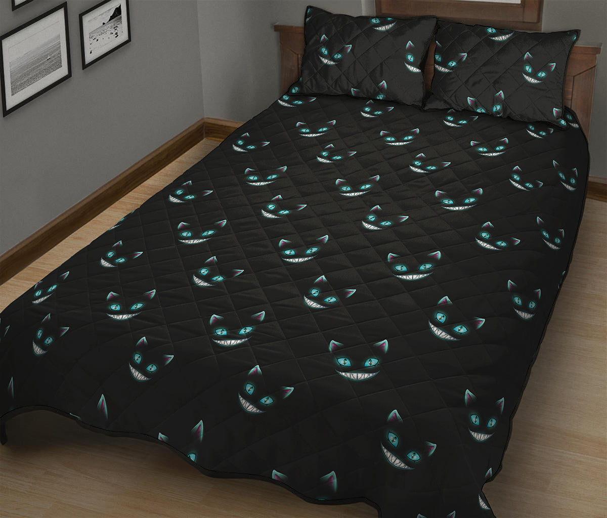 Black Cheshire Cat Pattern Print Quilt Bed Set