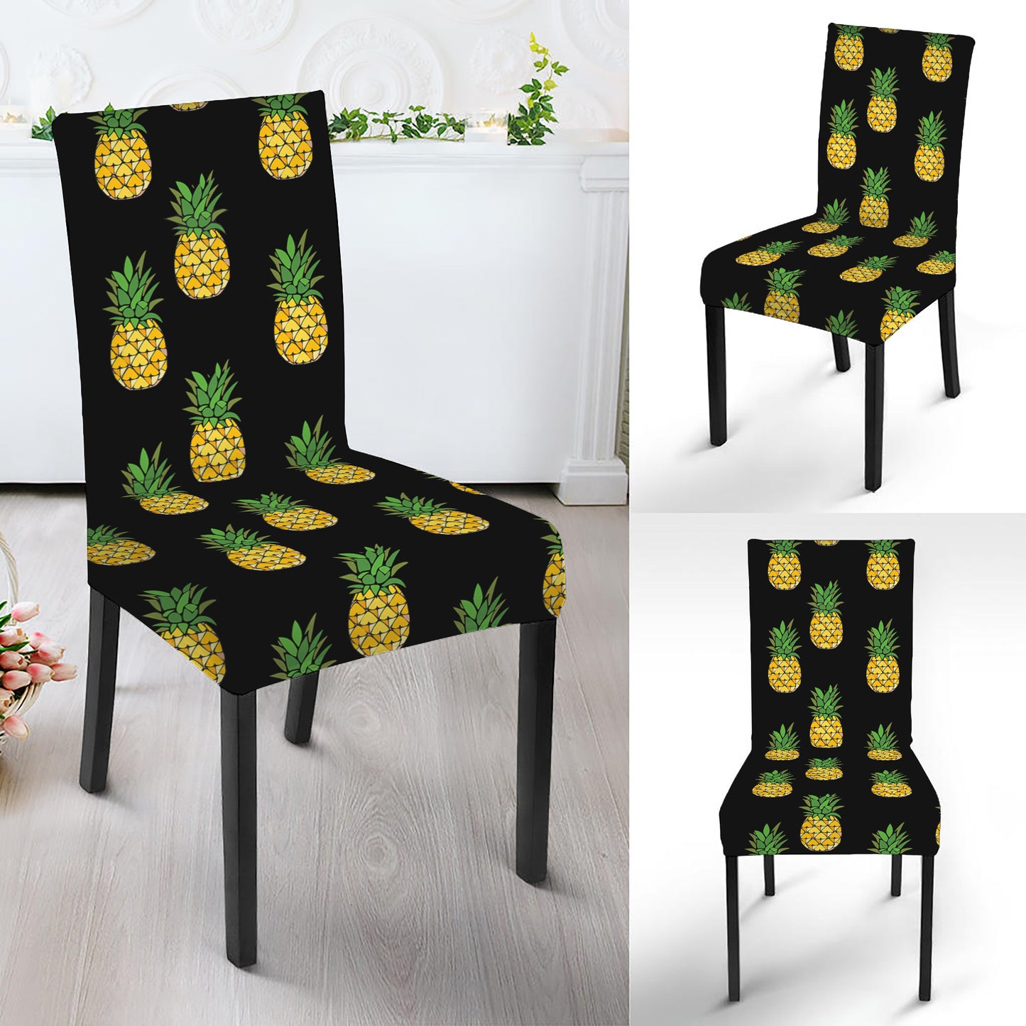 Black Cute Pineapple Pattern Print Dining Chair Slipcover