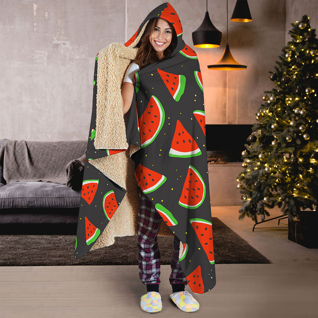 Black Cute Watermelon Pattern Print Hooded Blanket
