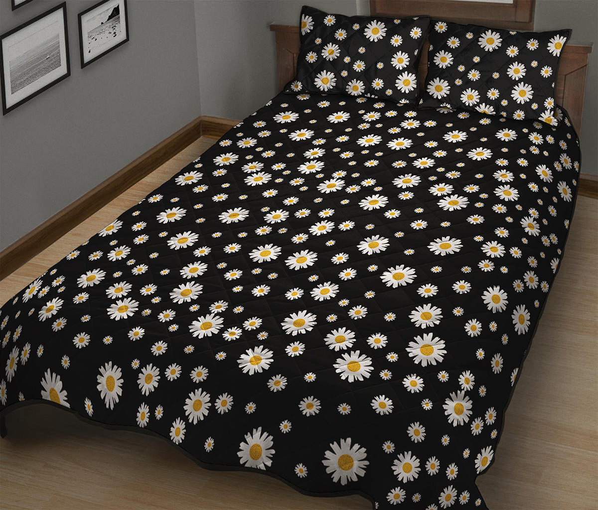 Black Daisy Floral Pattern Print Quilt Bed Set
