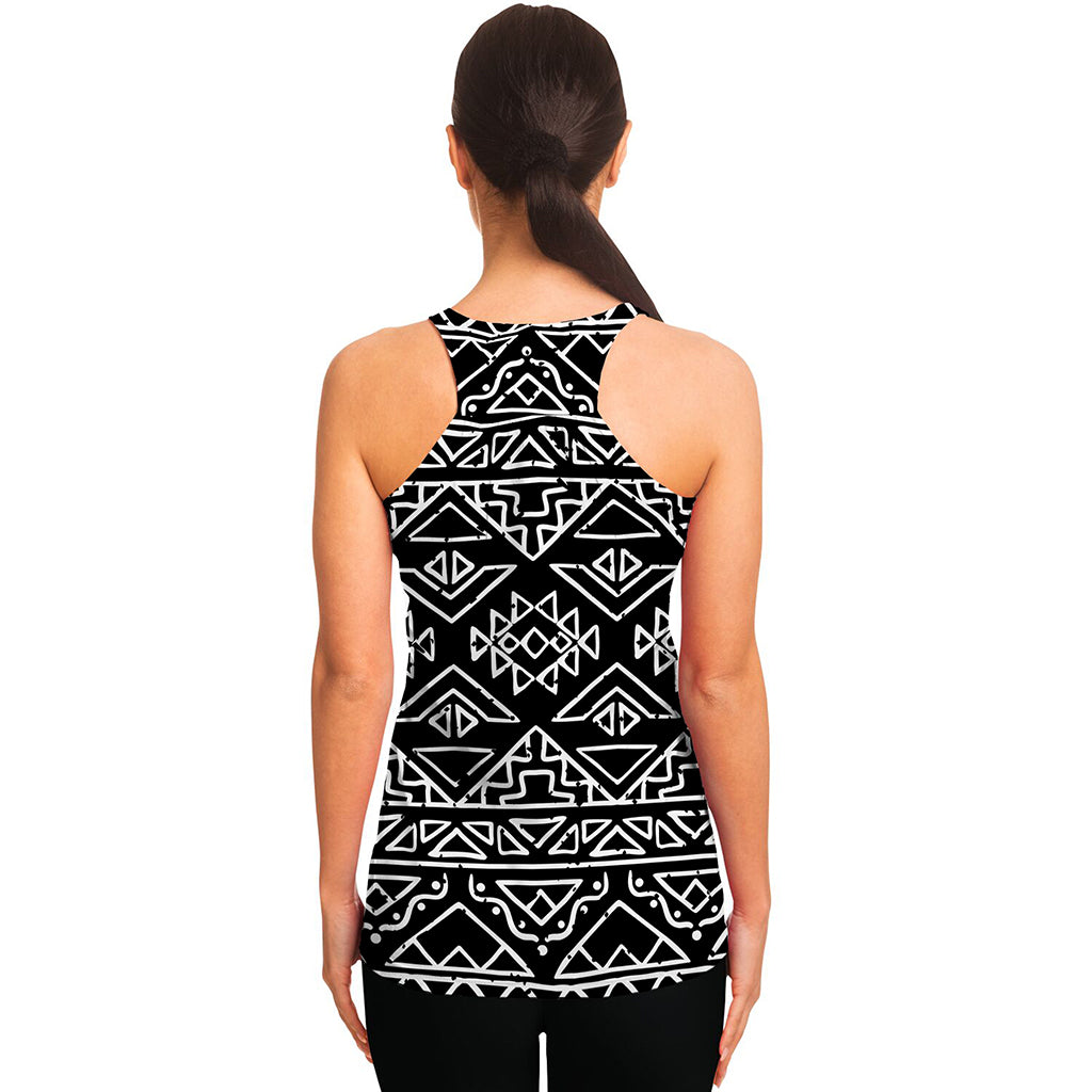 Black Ethnic Aztec Pattern Print Women's Racerback Tank Top