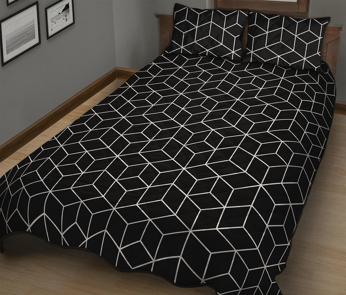 Black Geometric Cube Shape Pattern Print Quilt Bed Set
