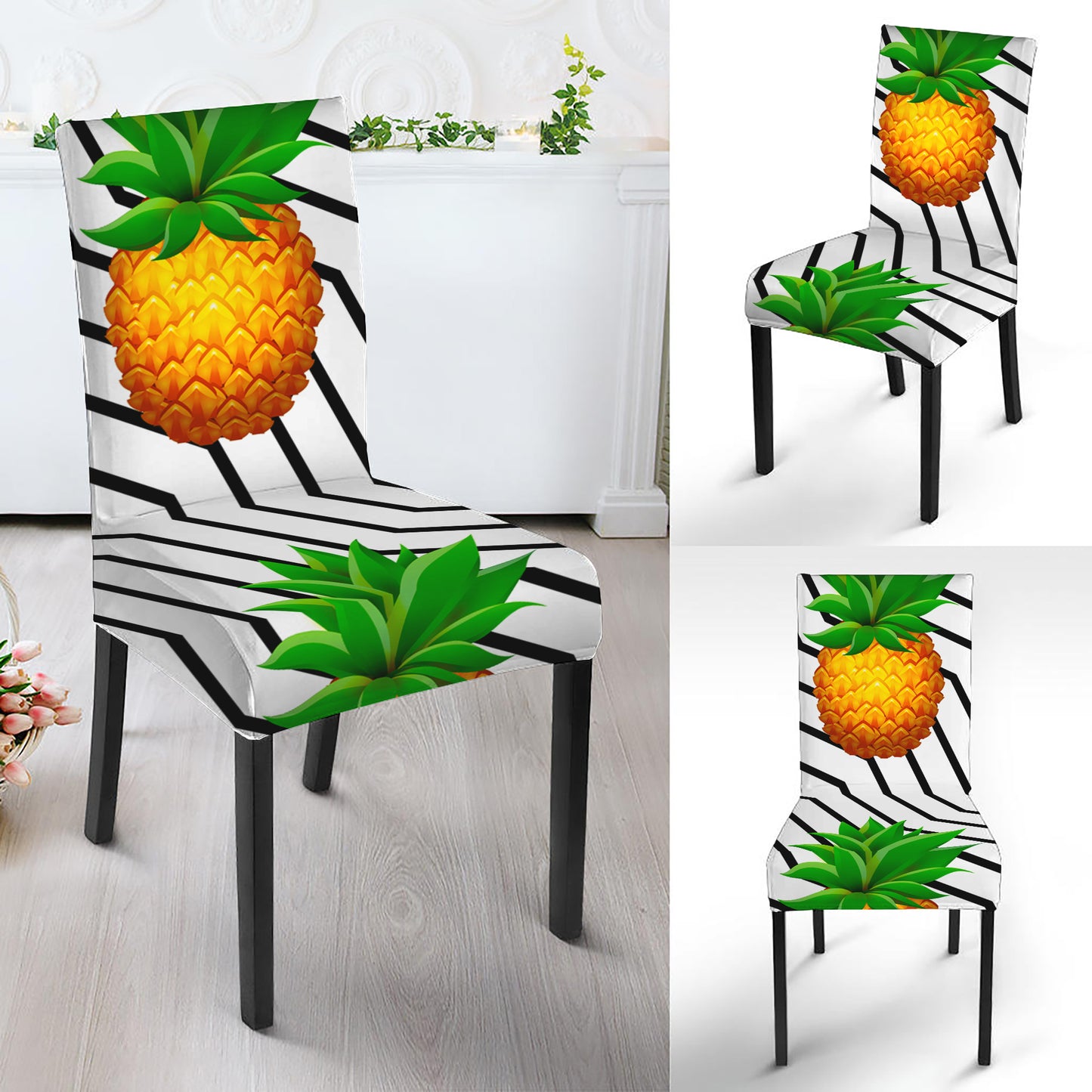 Black Geometric Pineapple Pattern Print Dining Chair Slipcover
