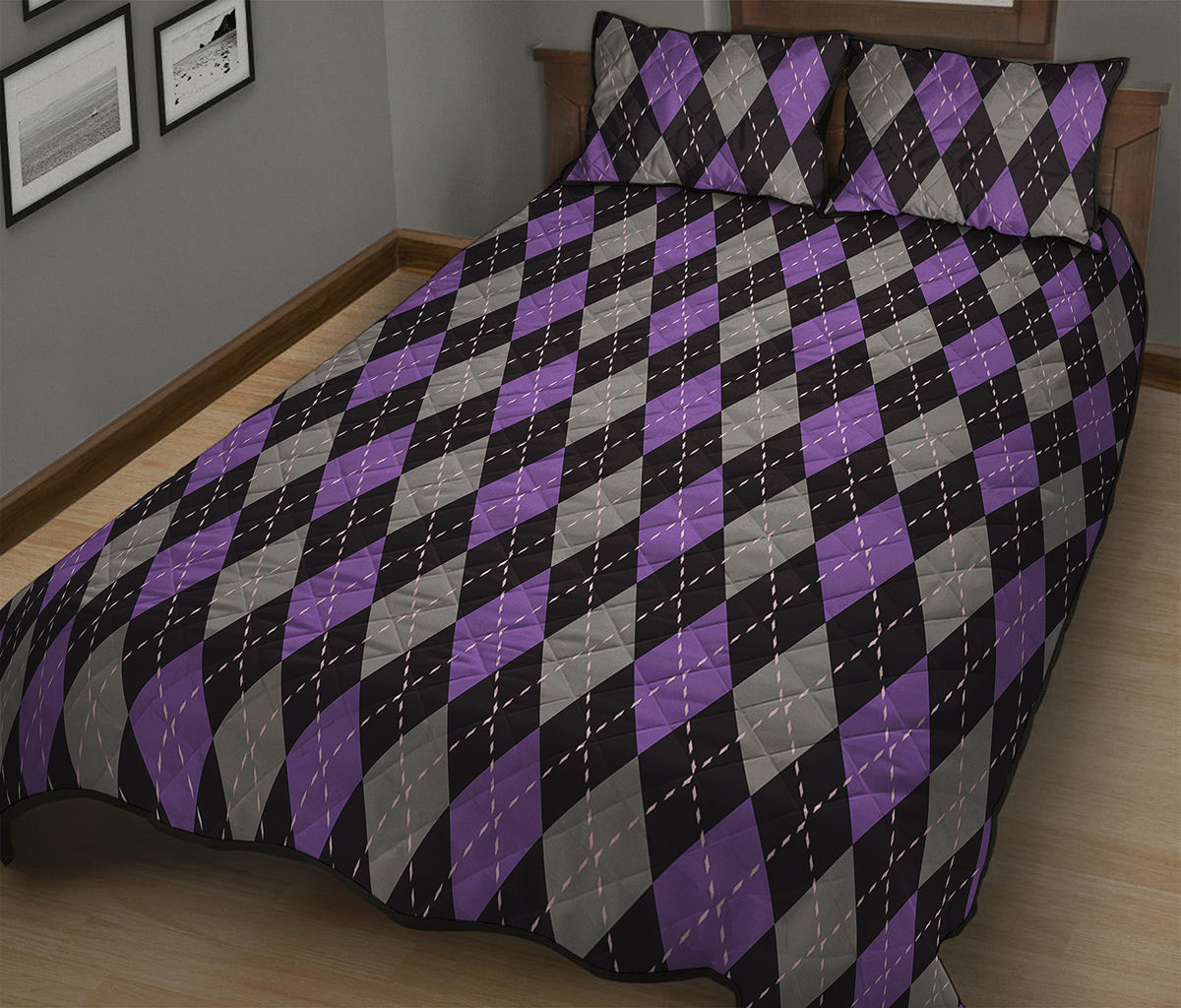 Black Grey And Purple Argyle Print Quilt Bed Set
