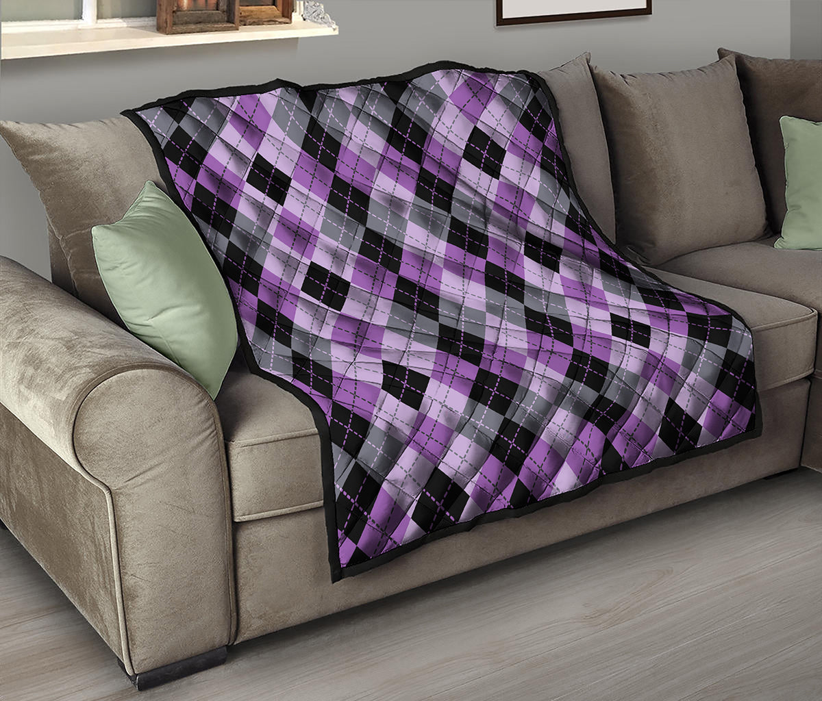 Black Grey And Violet Argyle Print Quilt