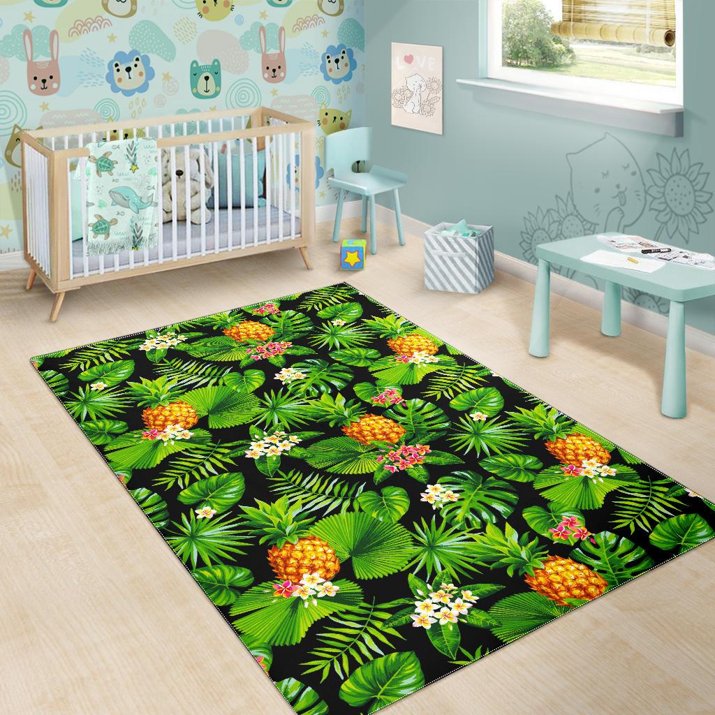 Black Hawaiian Pineapple Pattern Print Area Rug GearFrost
