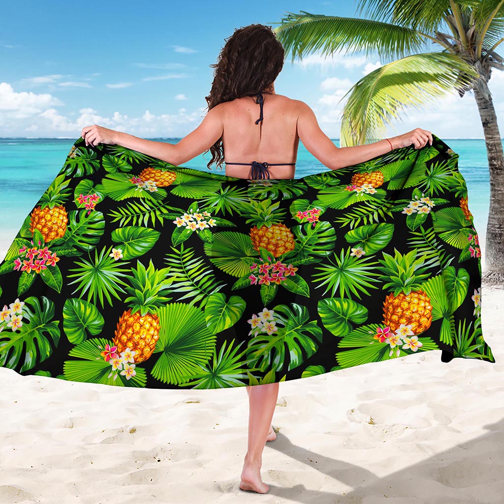 Black Hawaiian Pineapple Pattern Print Beach Sarong Wrap