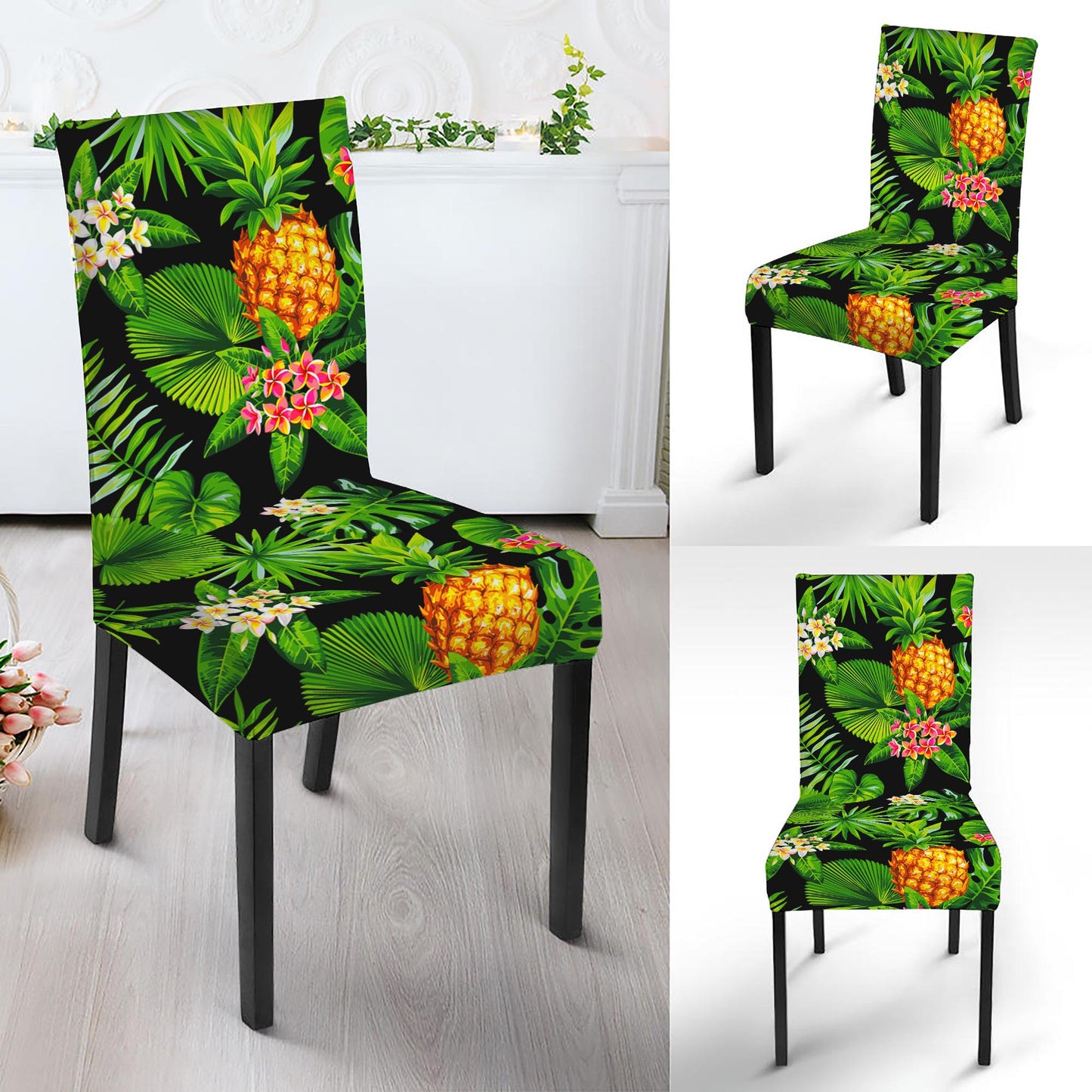 Black Hawaiian Pineapple Pattern Print Dining Chair Slipcover