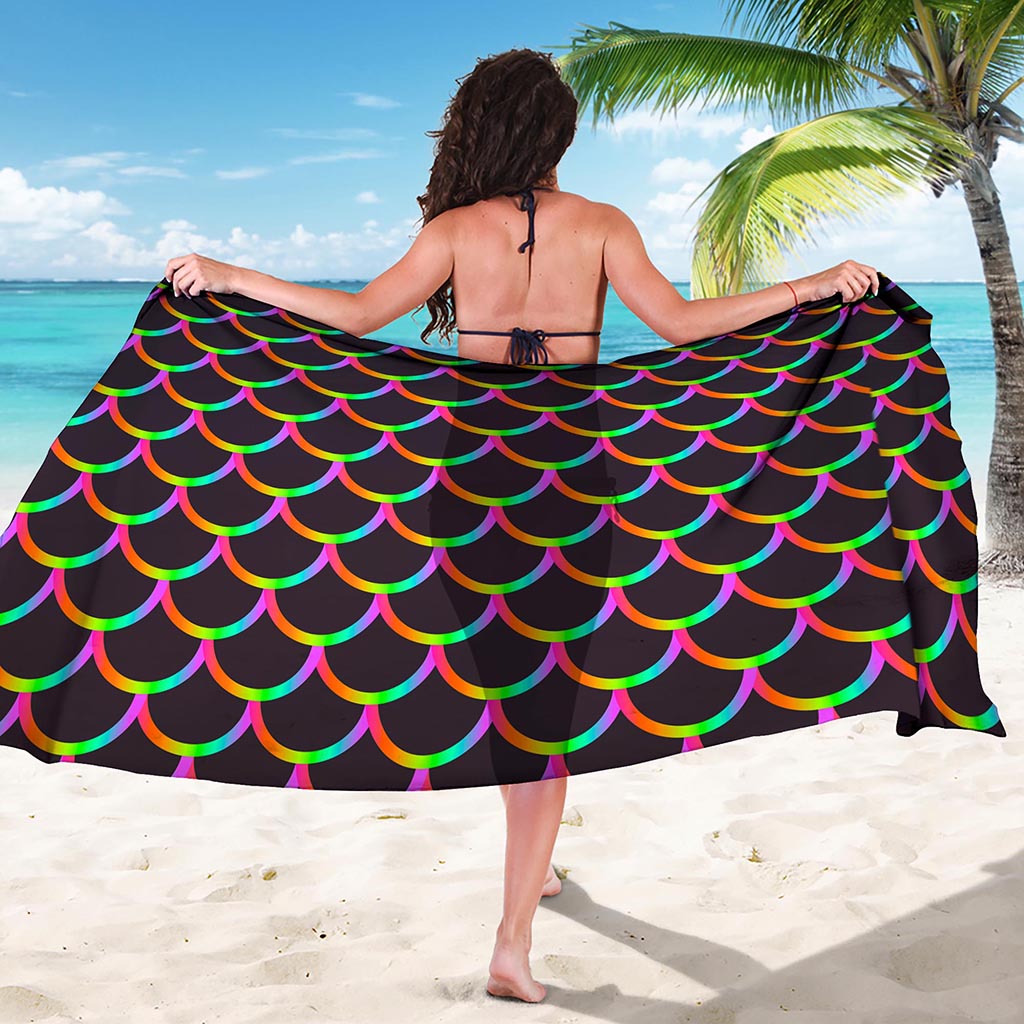 Black Mermaid Scales Pattern Print Beach Sarong Wrap