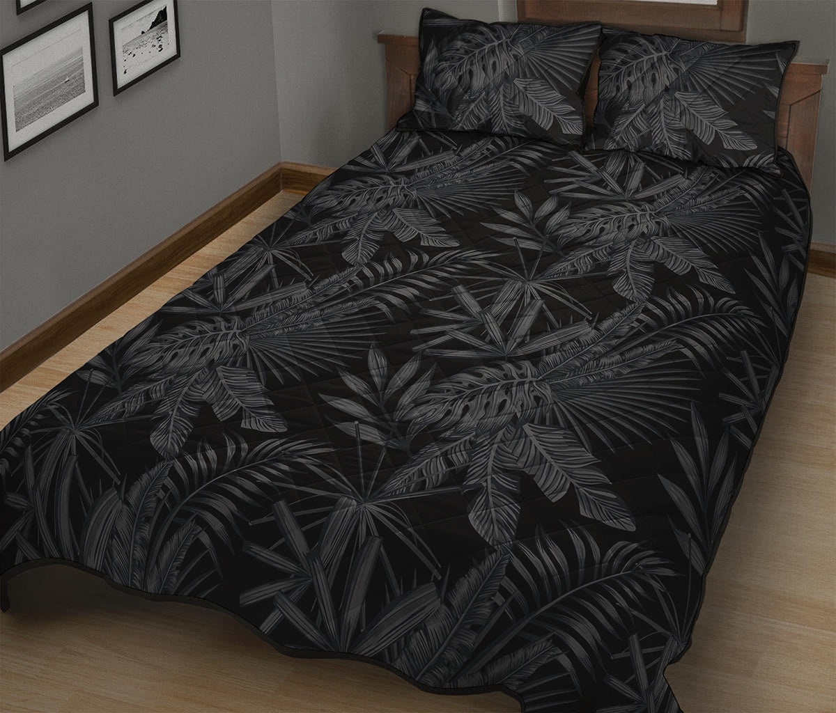 Black Palm Leaf Aloha Pattern Print Quilt Bed Set