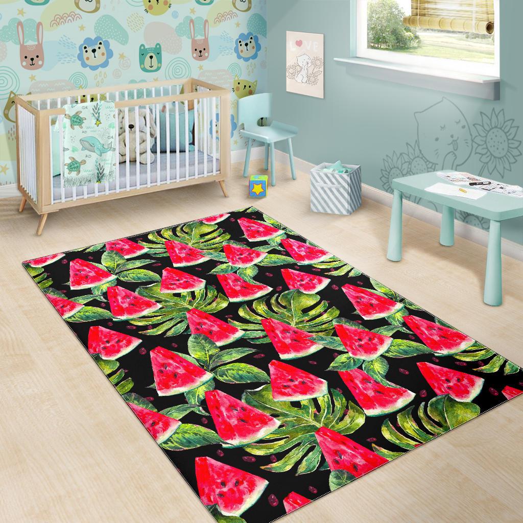 Black Palm Leaf Watermelon Pattern Print Area Rug GearFrost