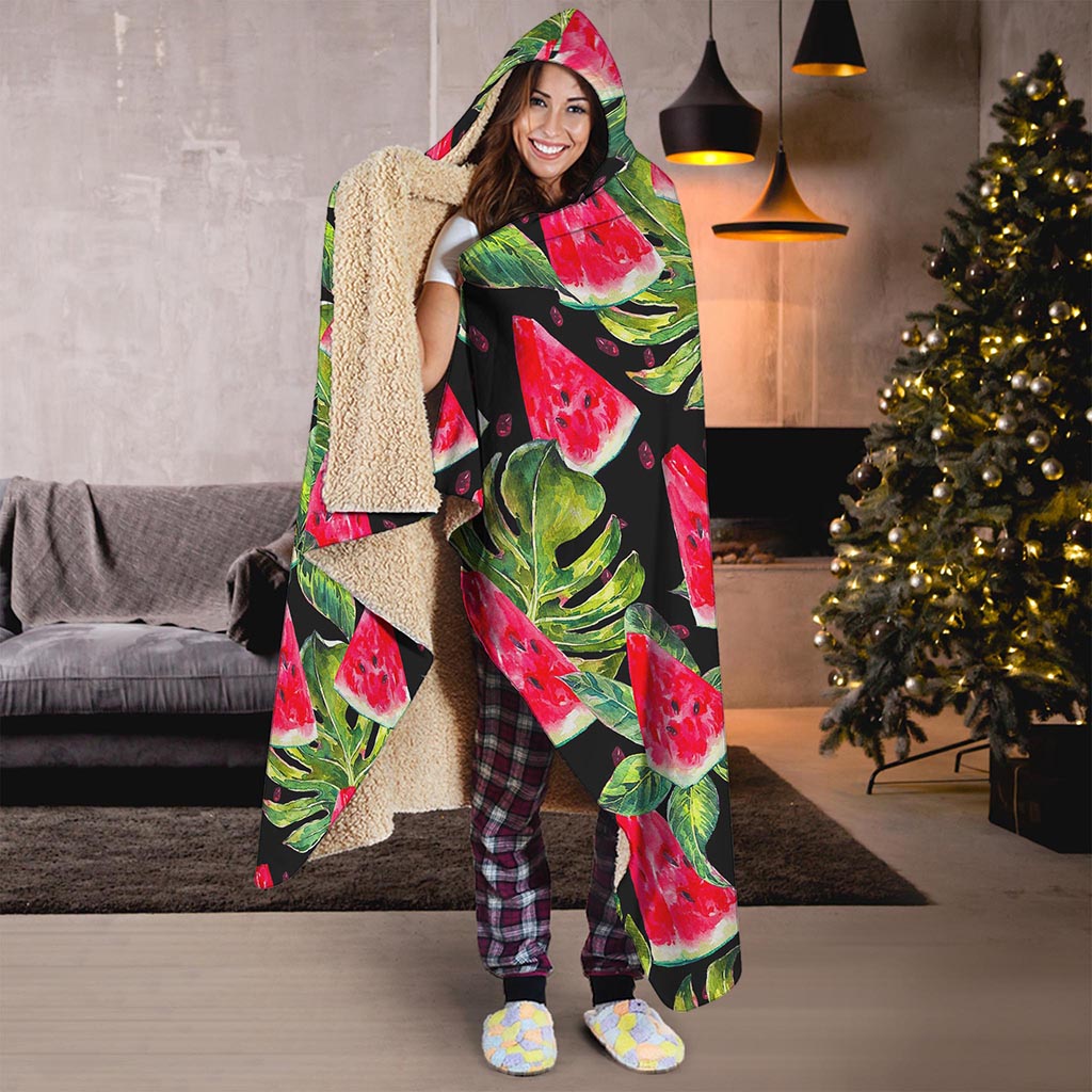 Black Palm Leaf Watermelon Pattern Print Hooded Blanket