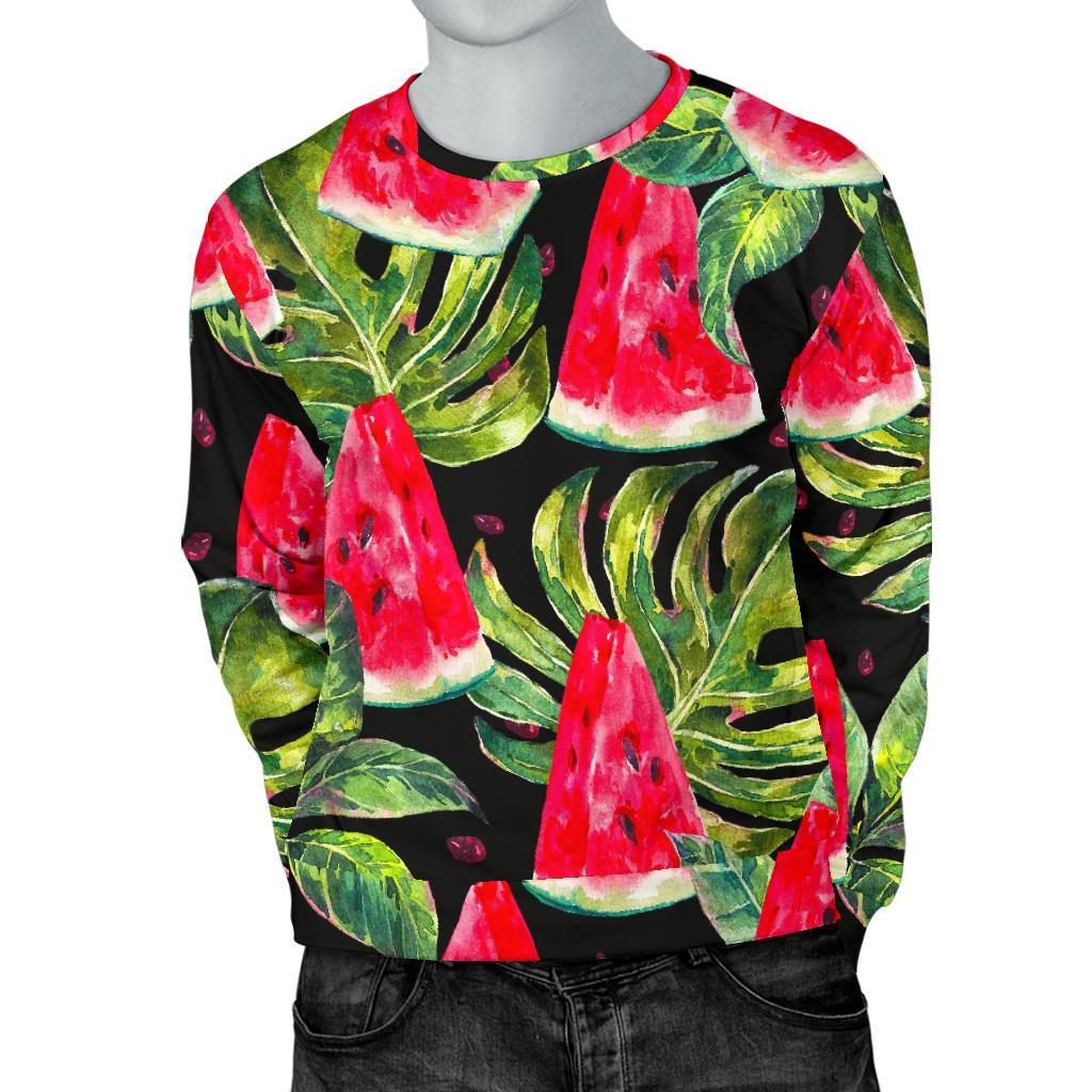 Black Palm Leaf Watermelon Pattern Print Men's Crewneck Sweatshirt GearFrost