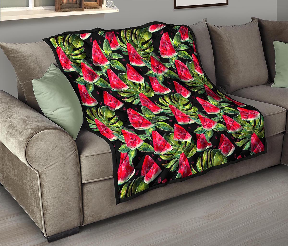 Black Palm Leaf Watermelon Pattern Print Quilt