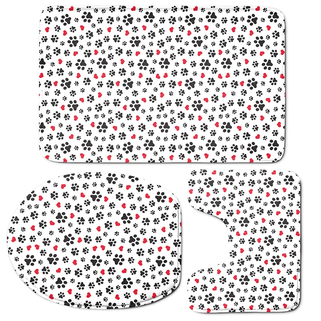 Black Paw And Heart Pattern Print 3 Piece Bath Mat Set