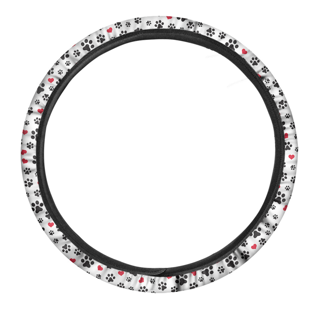 Black Paw And Heart Pattern Print Car Steering Wheel Cover