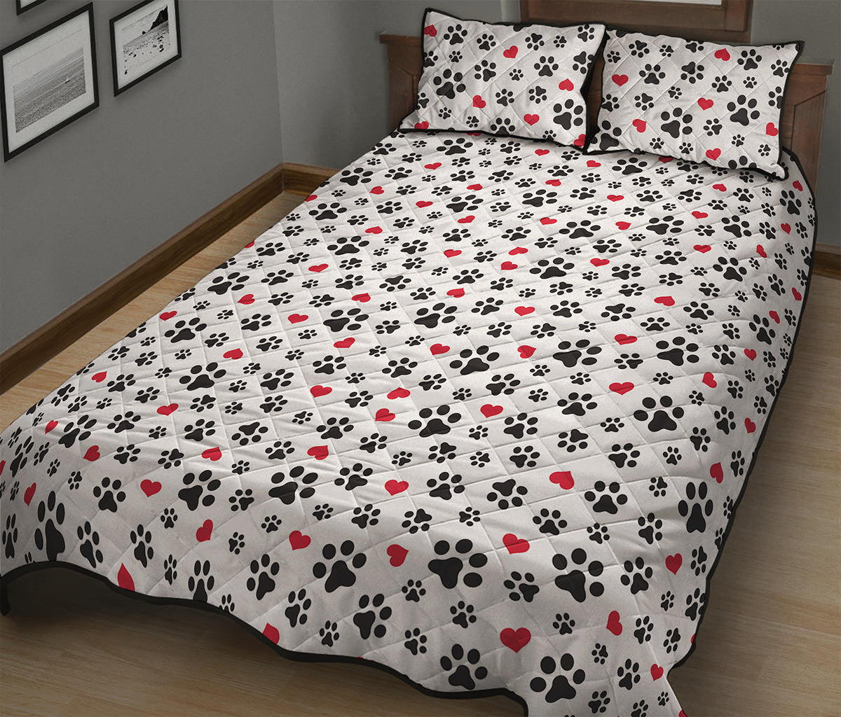 Black Paw And Heart Pattern Print Quilt Bed Set