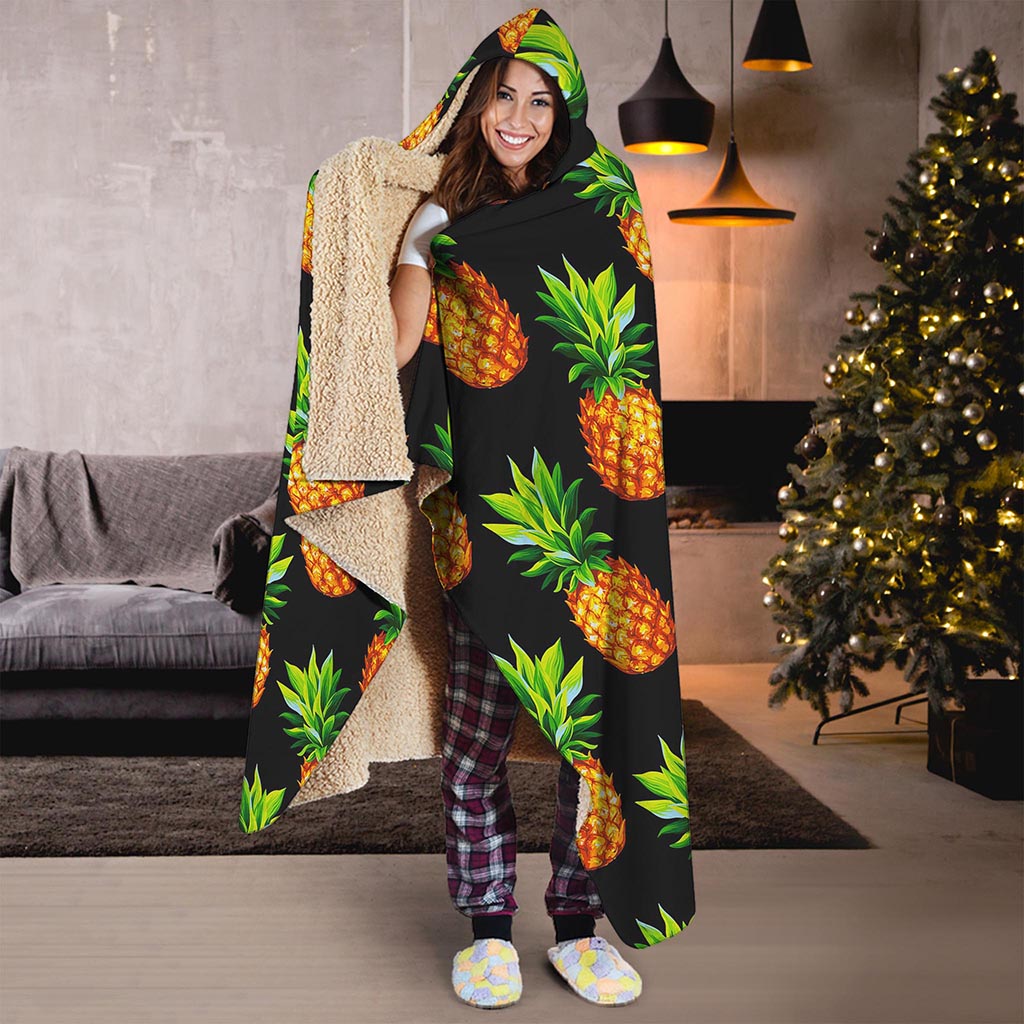 Black Pineapple Pattern Print Hooded Blanket