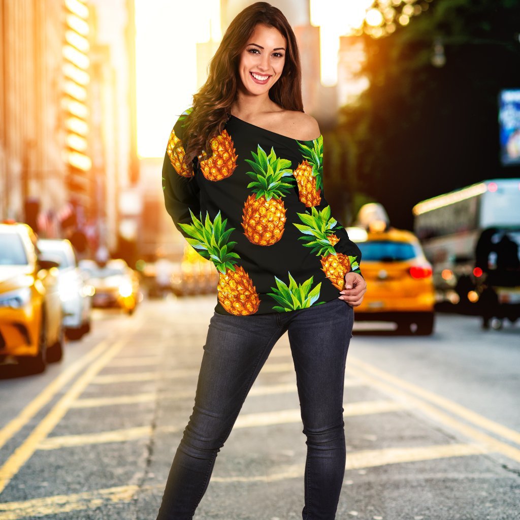Black Pineapple Pattern Print Off Shoulder Sweatshirt GearFrost