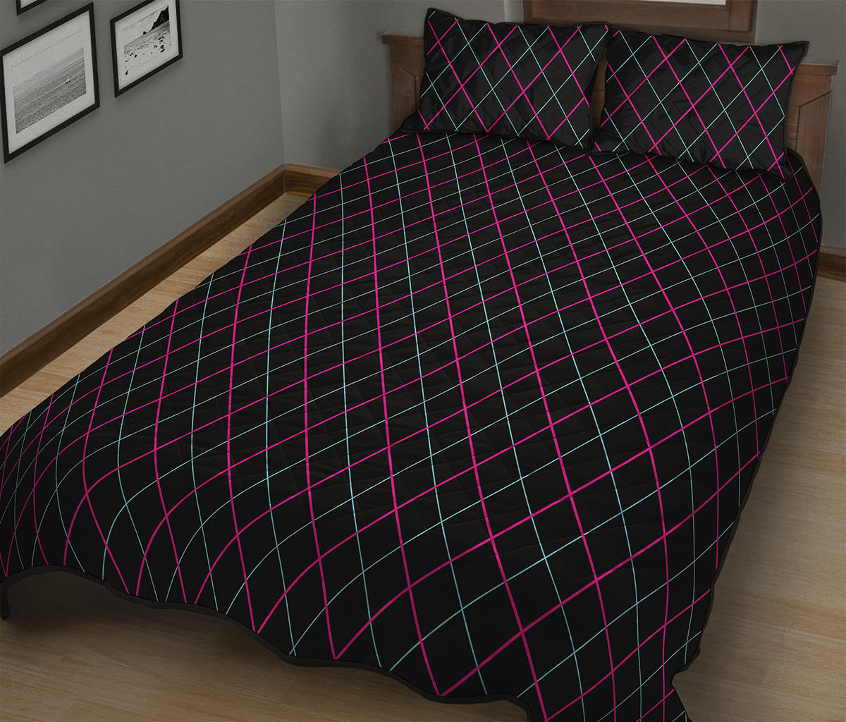Black Pink And Blue Argyle Pattern Print Quilt Bed Set