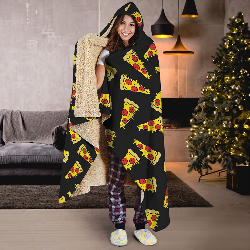 Black Pizza Pattern Print Hooded Blanket