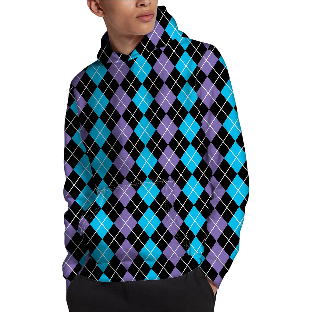 Black Purple And Blue Argyle Print Pullover Hoodie