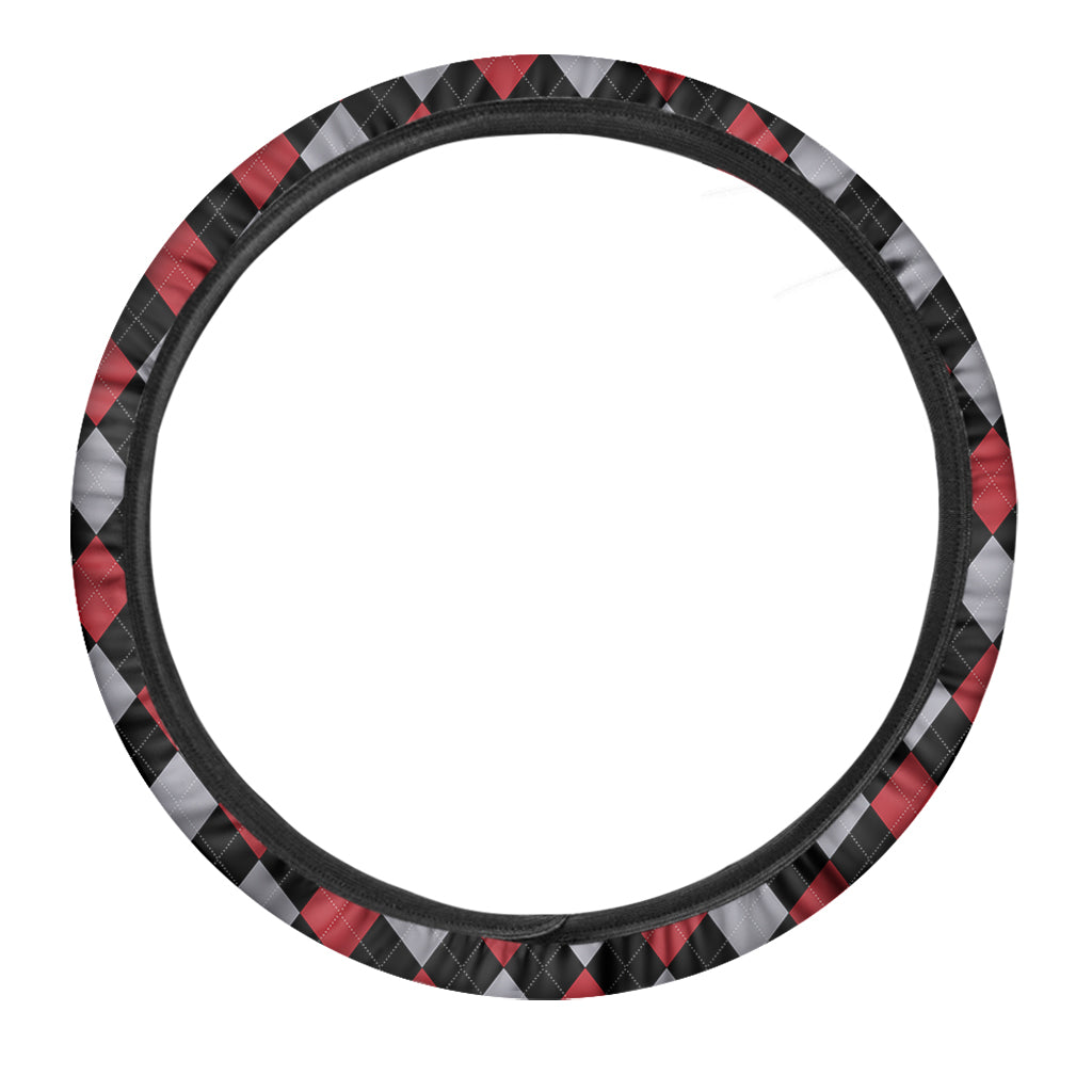 Black Red And Grey Argyle Pattern Print Car Steering Wheel Cover