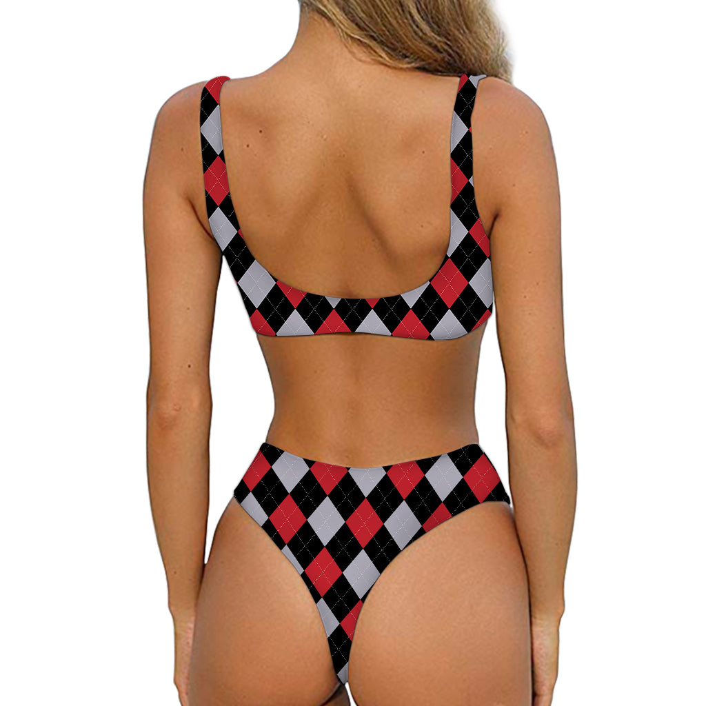 Black Red And Grey Argyle Pattern Print Front Bow Tie Bikini