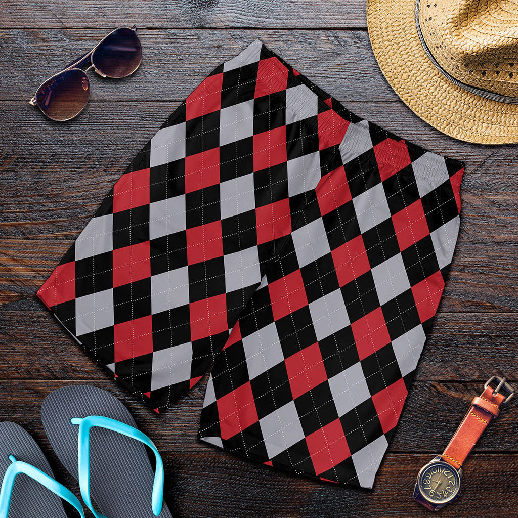 Black Red And Grey Argyle Pattern Print Men's Shorts