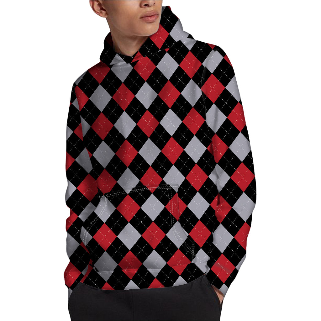 Black Red And Grey Argyle Pattern Print Pullover Hoodie
