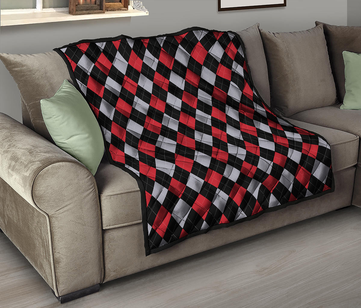 Black Red And Grey Argyle Pattern Print Quilt