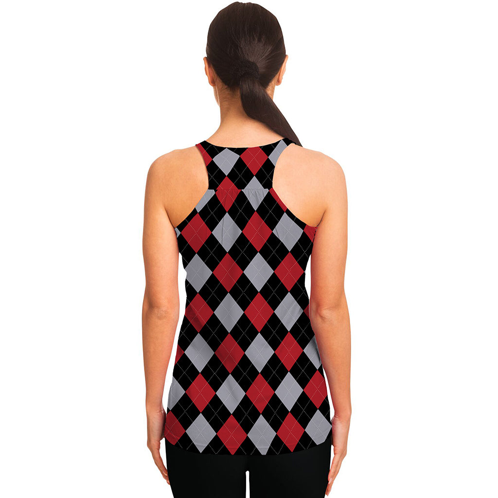 Black Red And Grey Argyle Pattern Print Women's Racerback Tank Top