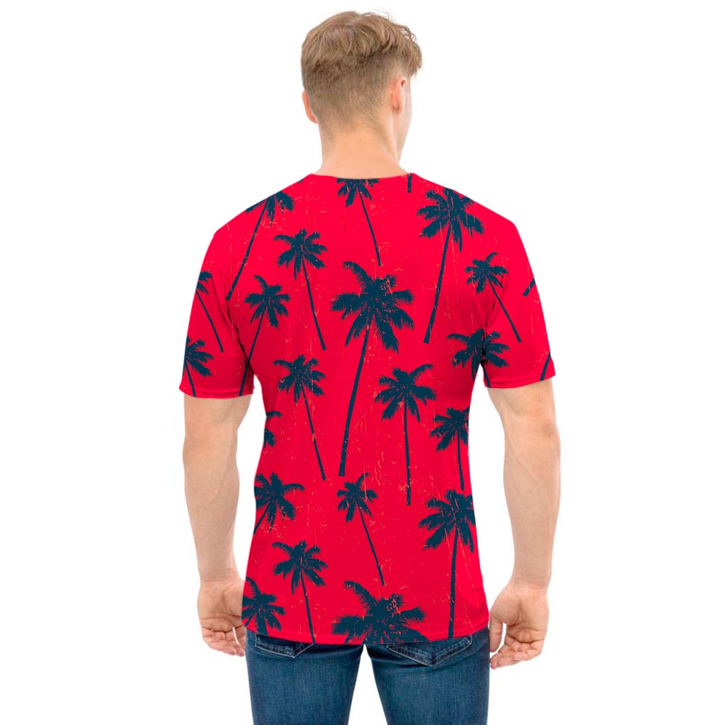 Black Red Palm Tree Pattern Print Men's T-Shirt