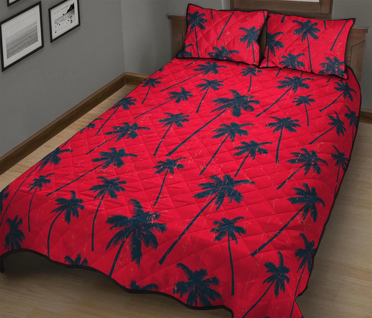 Black Red Palm Tree Pattern Print Quilt Bed Set
