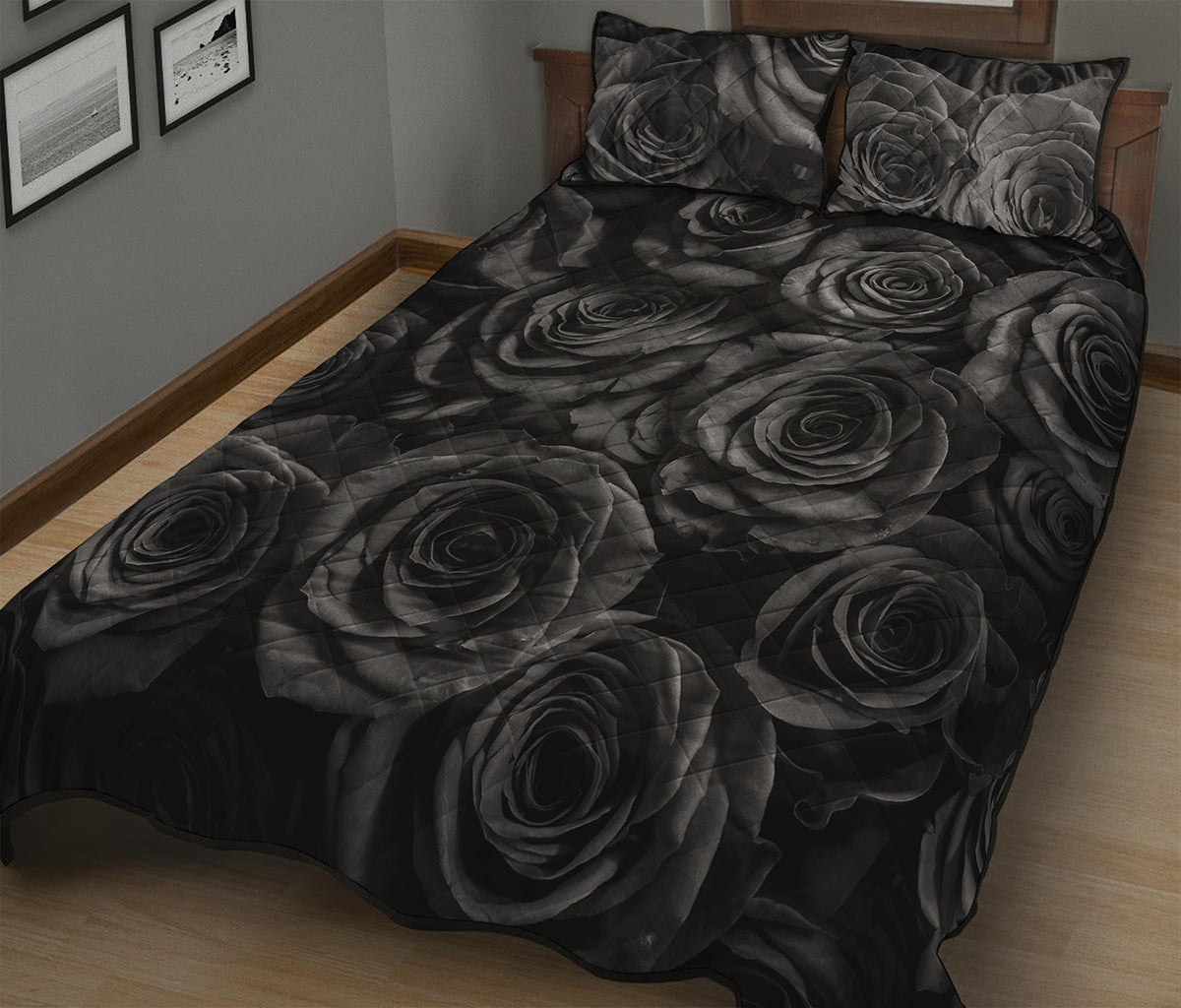 Black Rose Print Quilt Bed Set