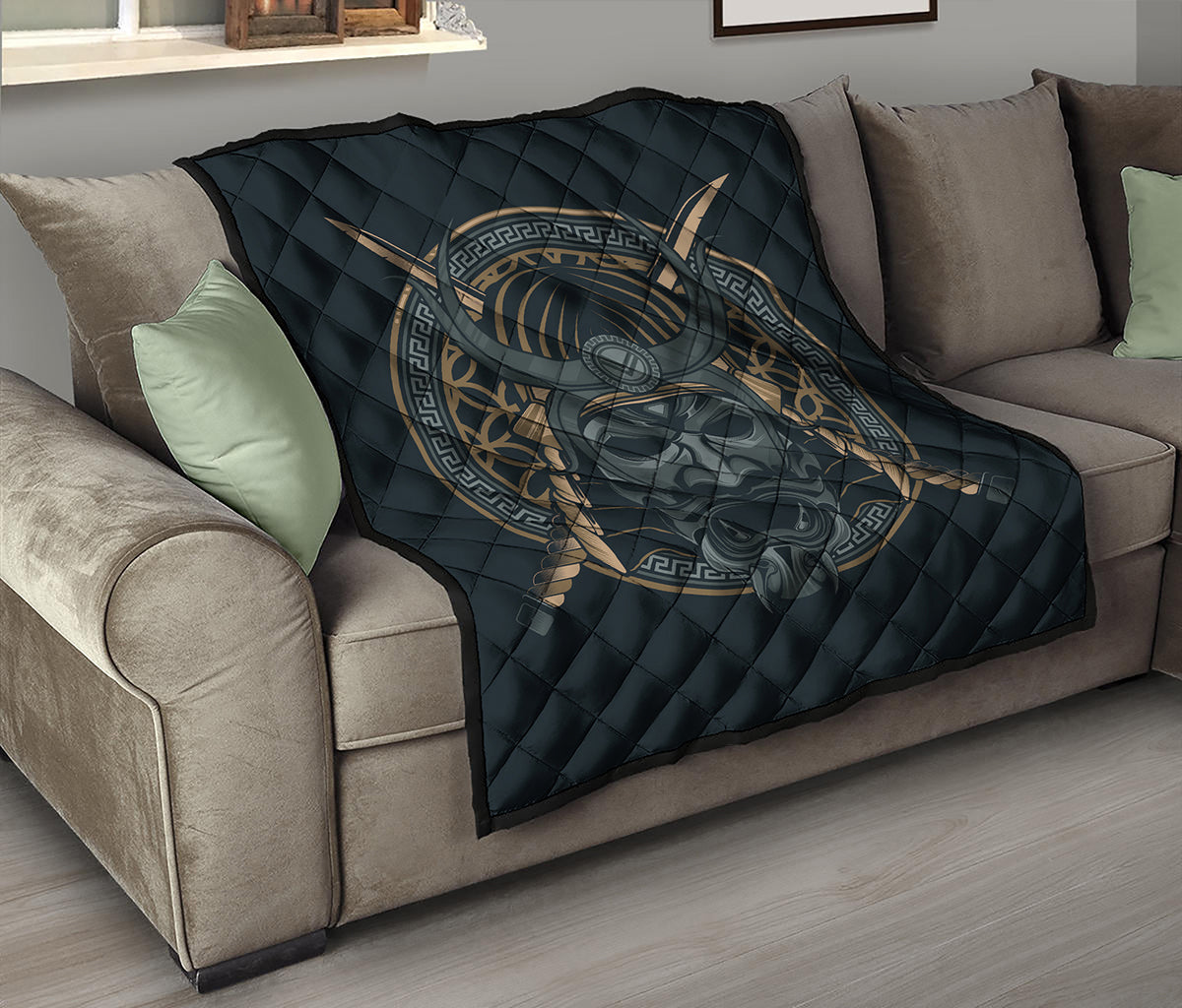 Black Samurai Mask Print Quilt