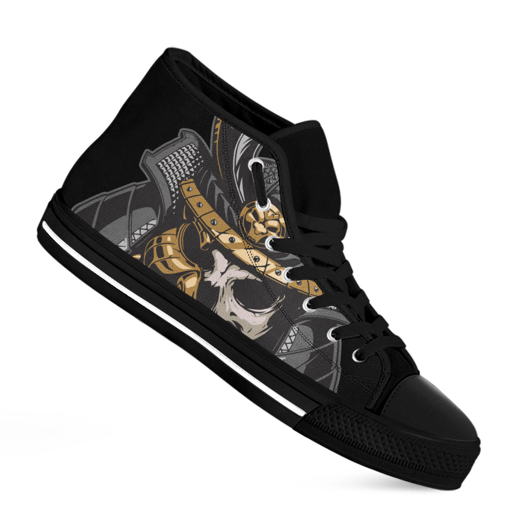 Black Samurai Skull Print Black High Top Shoes